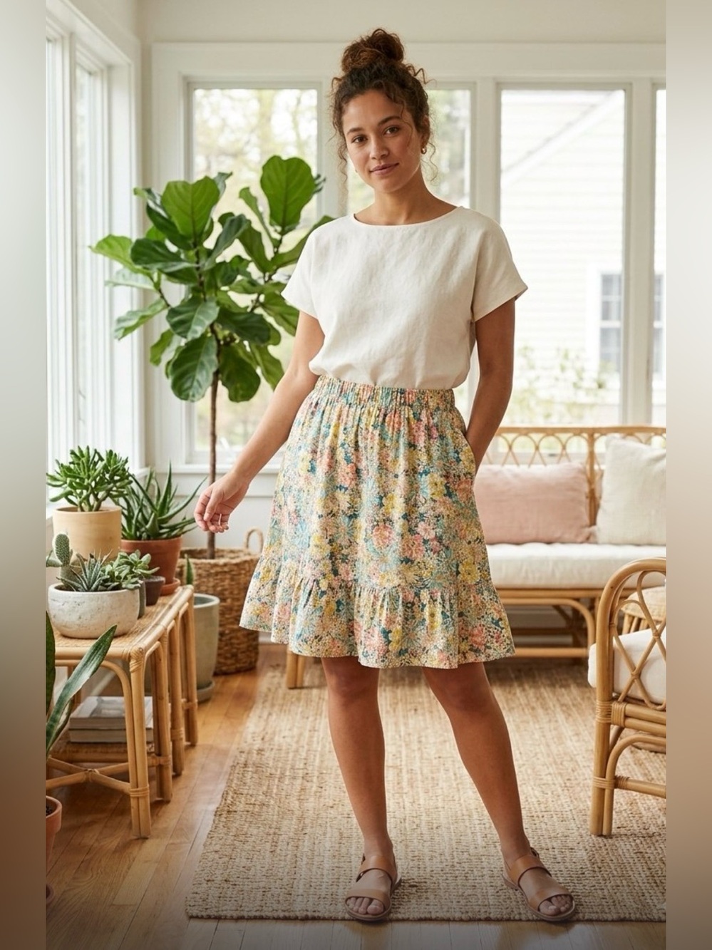 Luna Moon Women Large Floral Flounce Skirt Elastic Waist A-Line Multi-Color boho